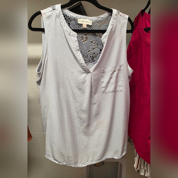 Knox Rose Tops - Knox Rose Light Blue Sleeveless Top With Delicate Embroided Lace Back -Large